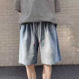 复古炸街毛边牛仔短裤男夏季潮牌薄款宽松直筒潮流阔腿五分裤