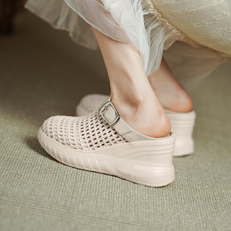 Sandal cao gót nữ mũi hở đế xuồng 8.5cm da thật kiểu La Mã đan lưới — màu đen, màu mơ