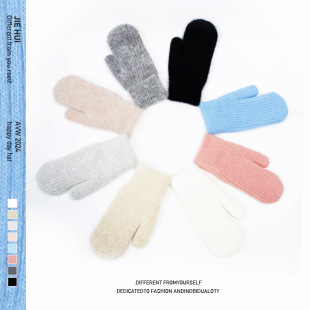 Cross-border Knitted Wool Bag for Men and Women Winter Outdoor Windproof Warm Thickened Adult Multi-finger fleece-lined Rabbit Hair Gloves for Women