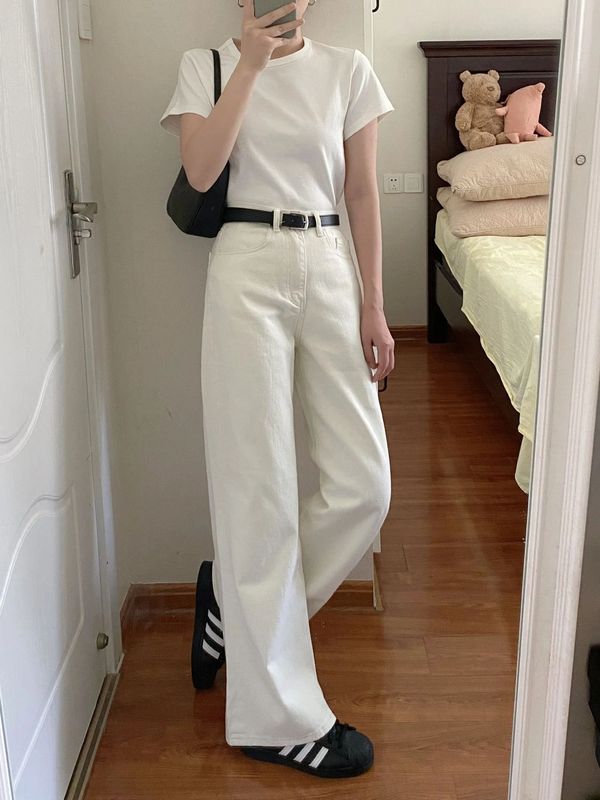 大码白色直筒牛仔裤女秋季2025年新款高腰宽松阔腿拖地裤长裤子潮|undefined