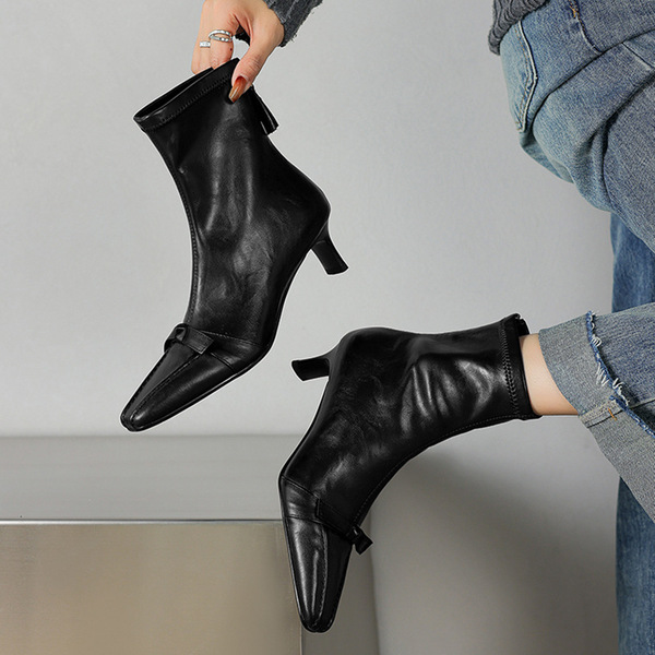 Retro leather elastic low boots square toe stiletto heels with bow