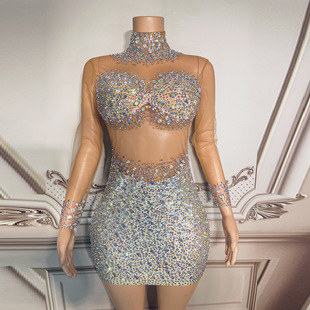 Mesh Hip Skirt 2024 Shiny Rhinestone Splicing Elegant Party Dress Women's Tight Skirt Dress