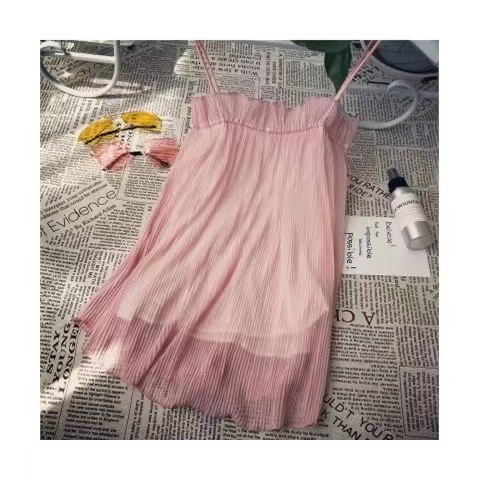Women’s Ruffled Pleated Chiffon Camisole, Sleeveless Tummy-Concealing Summer Top, Pink — detail image 5