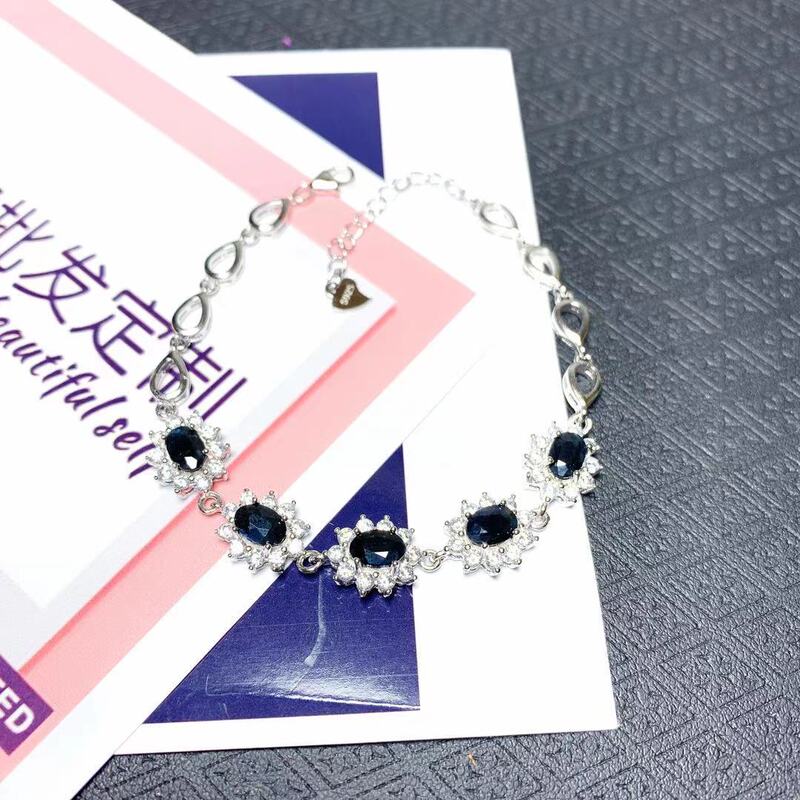 European and American blue temperament natural sapphire 925 silver geometric bracelet flower women fashion a generation of hair