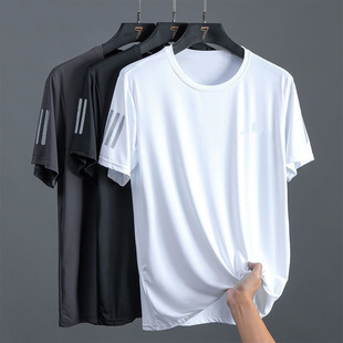 Summer ice silk T-shirt men's round neck quick-drying clothes Chinese printed short sleeve breathable plus size top men's sports loose fashion