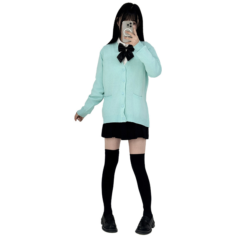밝은 녹색 JK 스웨터 오버라이드 대학 스타일 주름 치마 화이트 셔츠 학교 유니폼 세트 소프트 JK 카디건 재킷