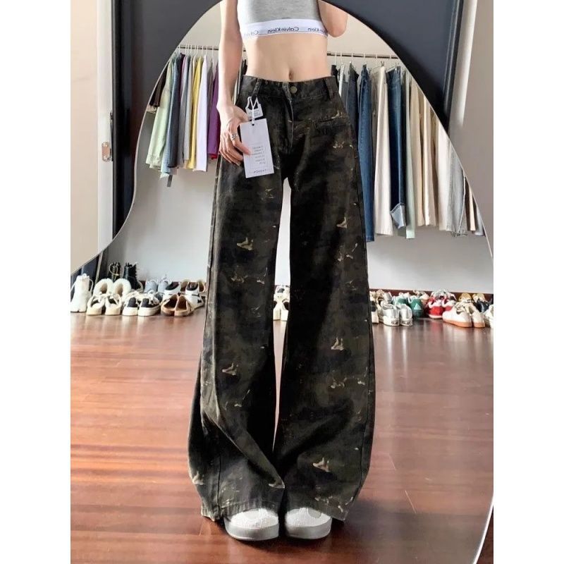 美式设计感迷彩阔腿牛仔裤女夏季新款高腰宽松显高显瘦百搭拖地裤|undefined