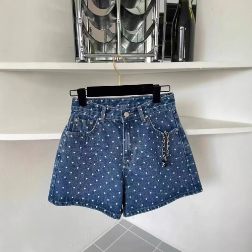 Blue dot print denim shorts for women, summer loose and slimming stylish fashion high-waisted A-line wide-leg pants