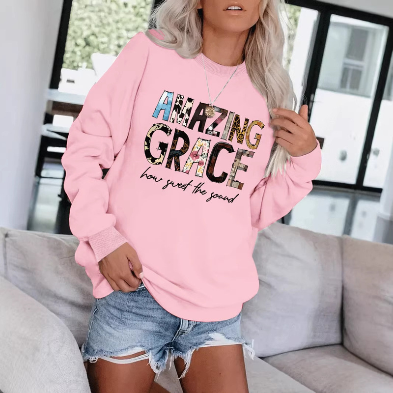Miracle Grace Letter Print Casual Round Neck Long Sleeve Sweatshirt Loose Fit Sports Base Layer Women's Sweatshirt Top