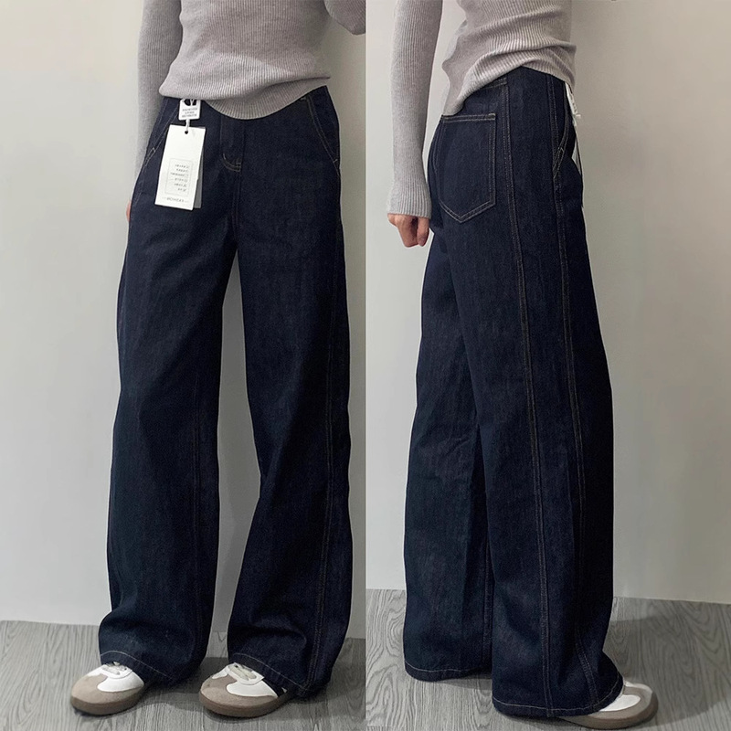 Dark Blue Versatile Wide-Leg Jeans for Women 2025 Summer New Loose Slimming Casual Straight Pants for Small People