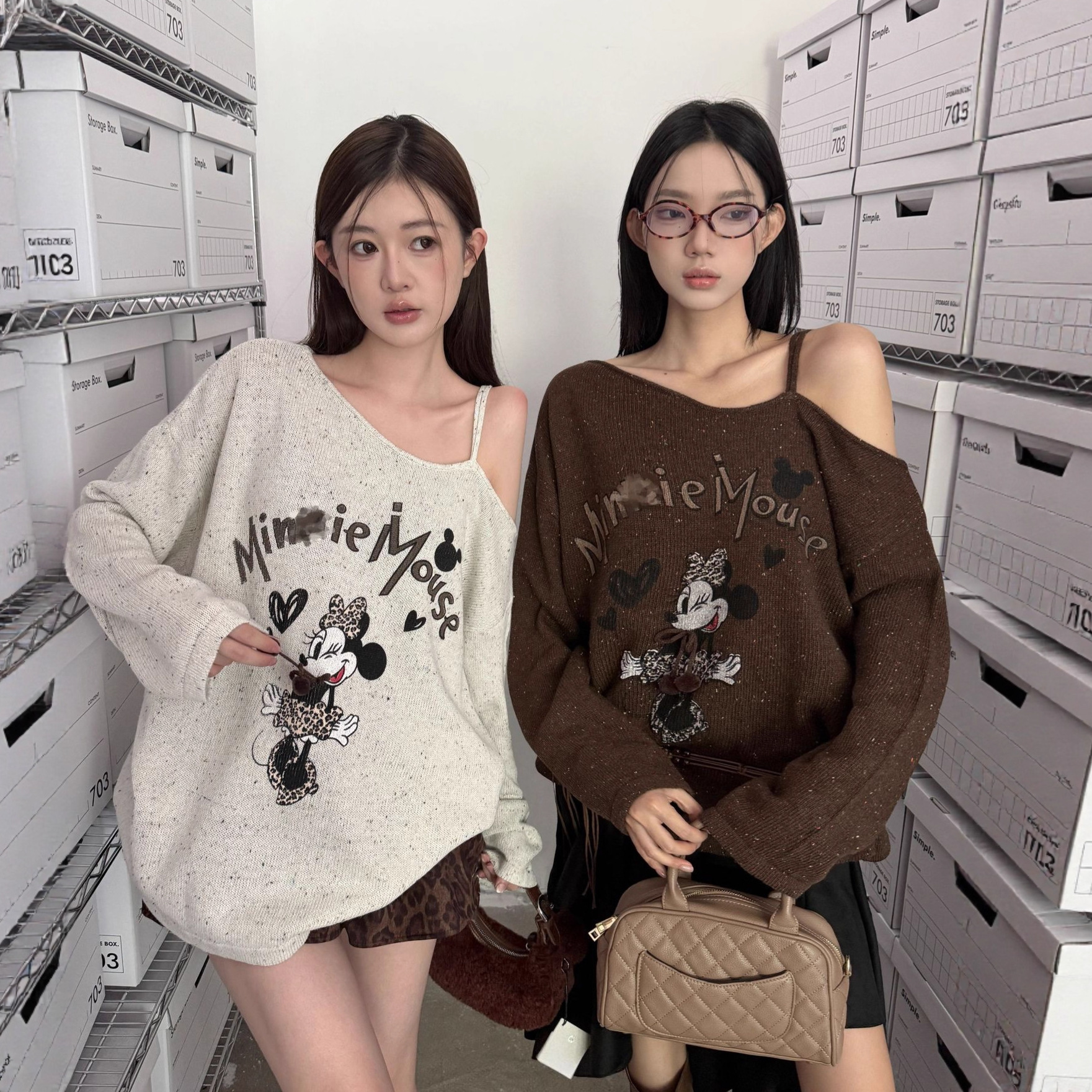 ME KAKAMEE十三行秋甜辣混纱彩点工艺卡通MQ宽松斜肩毛衣女 6015