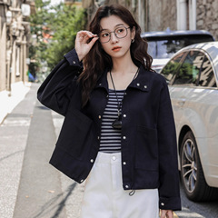 日系复古休闲翻领牛仔短款外套女2025秋季立领宽松长袖工装夹克衫