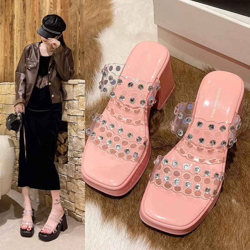 Женские сандалии на высоком каблуке для маленьких людей, 2023 летние сандалии нового дизайна с прозрачными кристаллами для верхней одежды