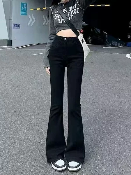 Retro Korean-Style Black Flared Jeans for Women, High-Waisted, Stretchy, Slim-Fit, Flattering, Floor-Length Bell-Bottoms for Tall Individuals
