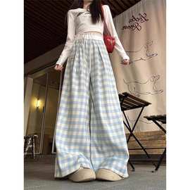 【专供东南亚】蓝色格子休闲裤女2025新款设计感直筒阔腿裤长裤