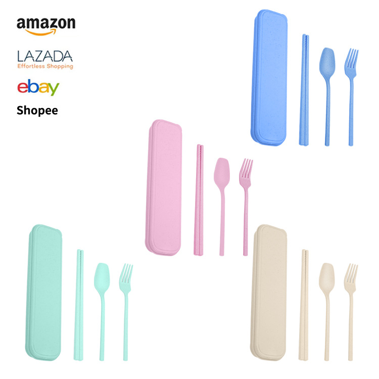 크로스보더 밀짚 식기 스푼 포크 젓가락 3 종 세트 학생 휴대용 식기 보관함 선물 세트 도매