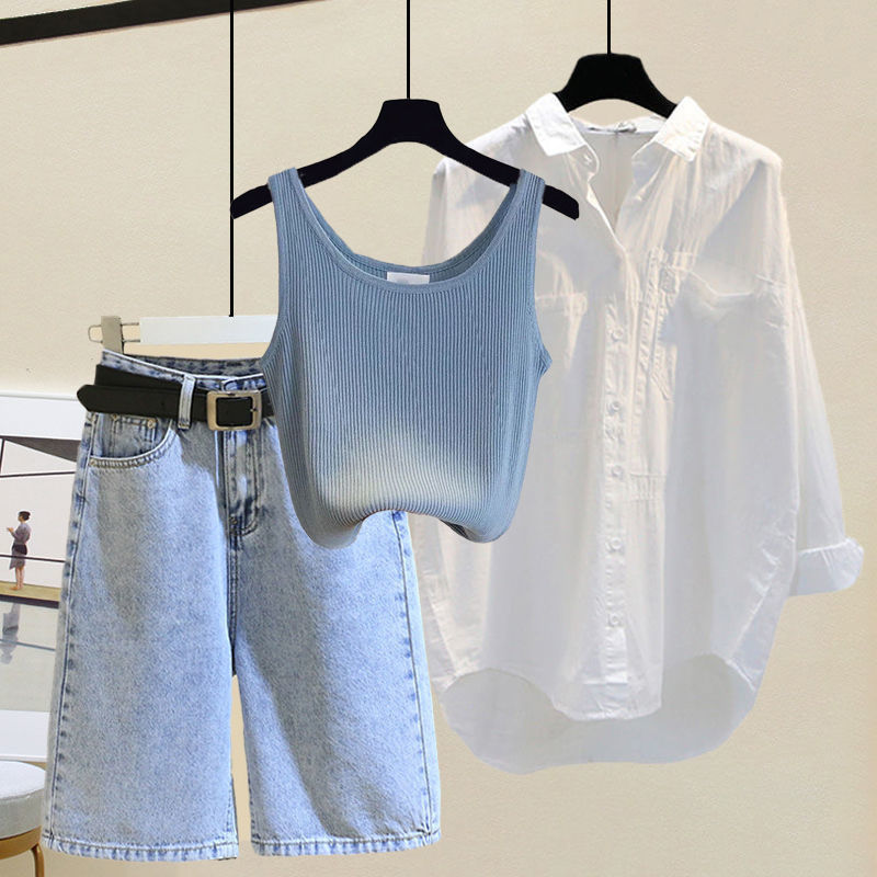 Plus Size Women's Summer Suit Women's 2024 New Style Shirt Covers Belly and Looks Slimming Look Versatile Denim Shorts Three-Piece Set