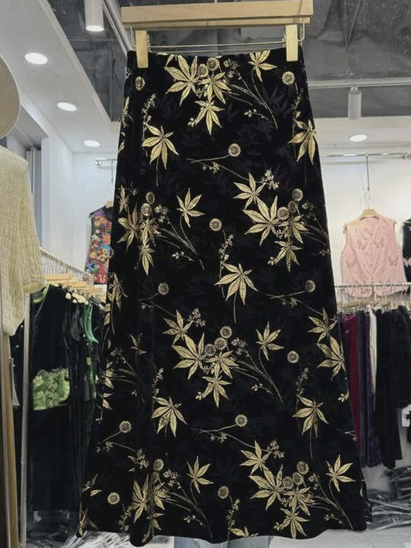 批发2025新款丝绒复古半身裙文艺范高端女装高腰松紧腰包臀裙长裙|undefined