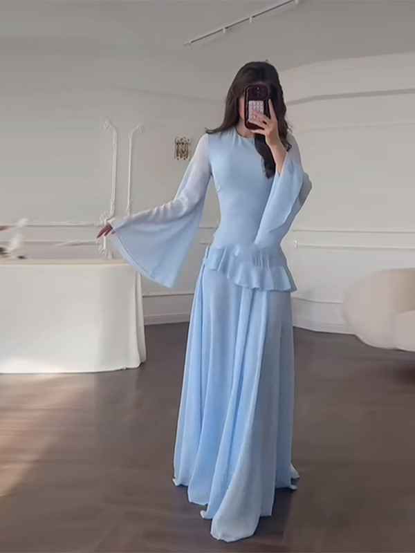 跨境欧美风2025秋季新款女装喇叭袖花边装饰纯色连衣长裙百搭显瘦|undefined