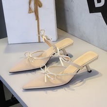 5131-3 Korean version lace half drag slim heeled women's shoes with pointed shallow mouth bow bow, straight strap, middle heel, wearing slippers for women