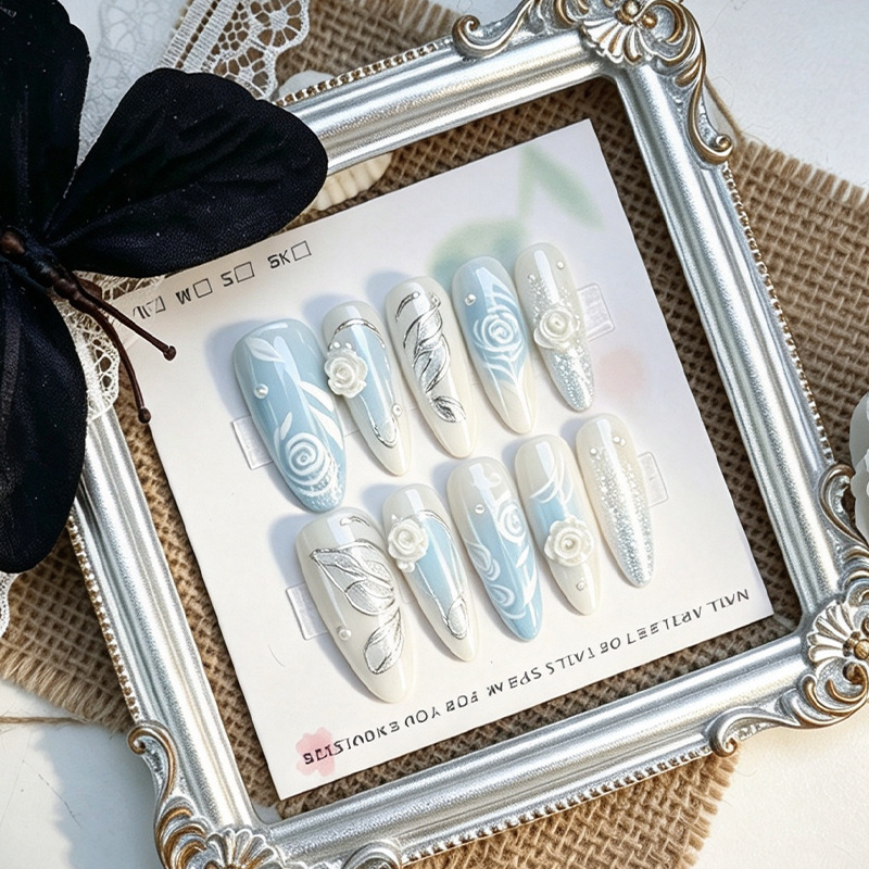 Cross-border foreign trade 30PCS ice blue gradient 3D white rose pearl silver thread press-on nails in stock Cross-border foreign trade 30PCS ice blue gradient 3D white rose pearl silver thread press-on nails in stock