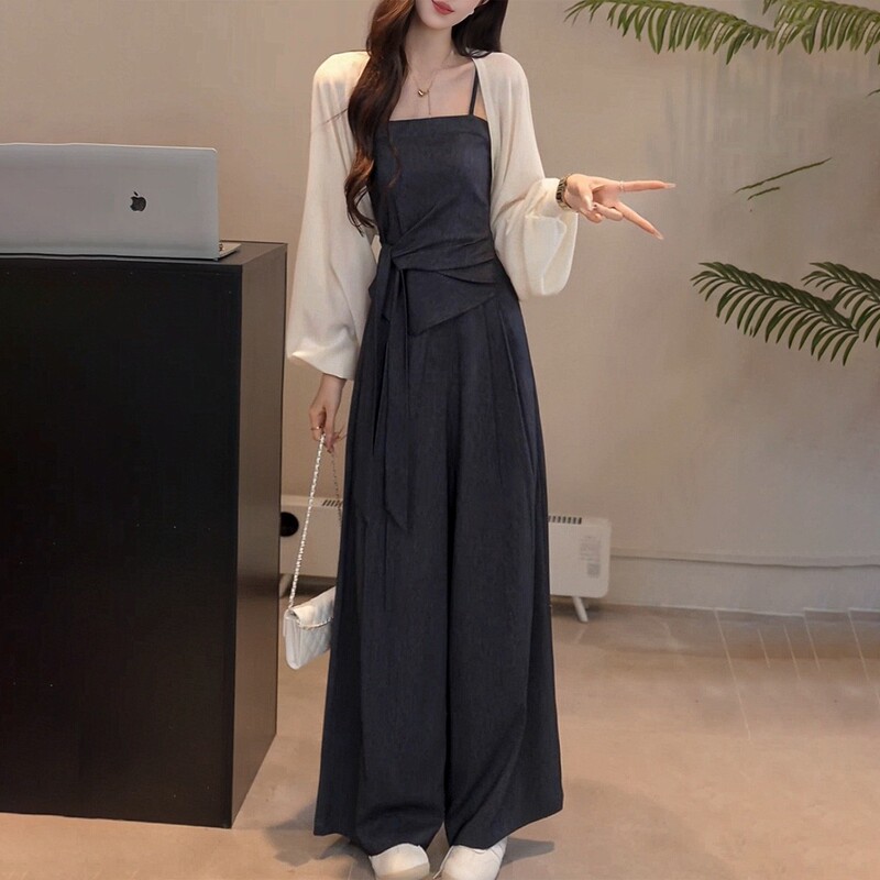 2026 Fashionable Summer High-End Elegant Slim-Fit Versatile Cardigan and Camisole Set with Wide-Leg Pants
