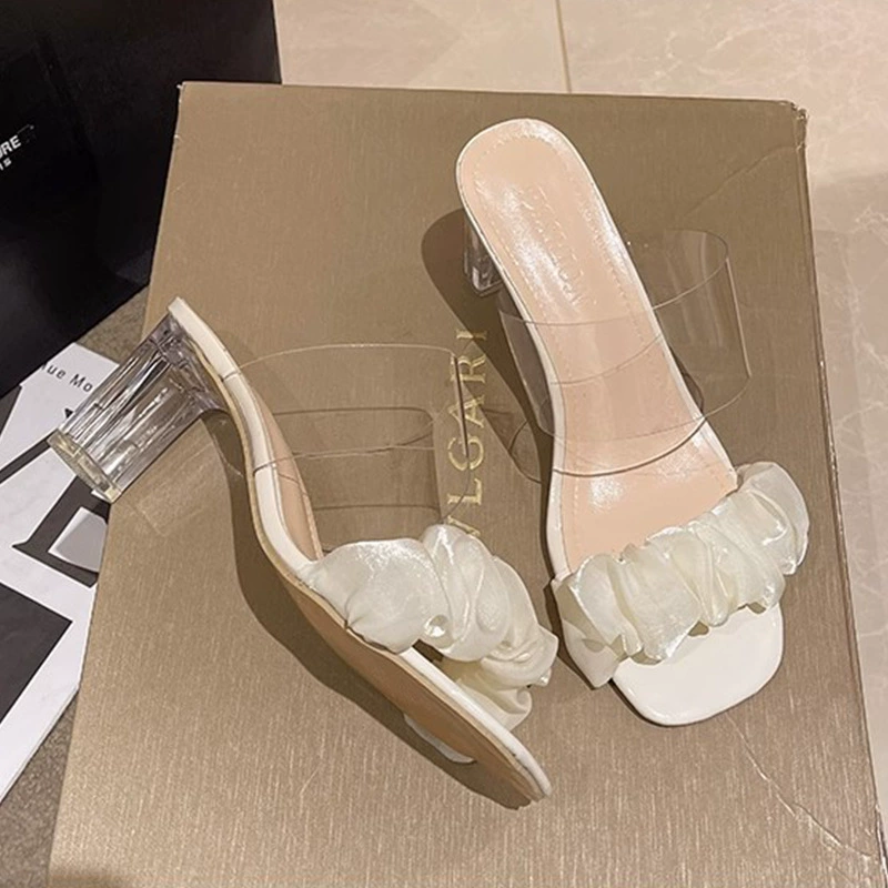 Прозрачные высокие каблуки Летние сандалии с кристаллами Женская обувь на 2023 год Новые летние тапочки Полушапочки Сандалии на высоком каблуке Женская верхняя одежда Крутая
