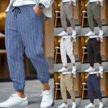 2025跨境欧美新款男装条纹百搭亚麻长裤宽松透气时尚运动休闲男裤