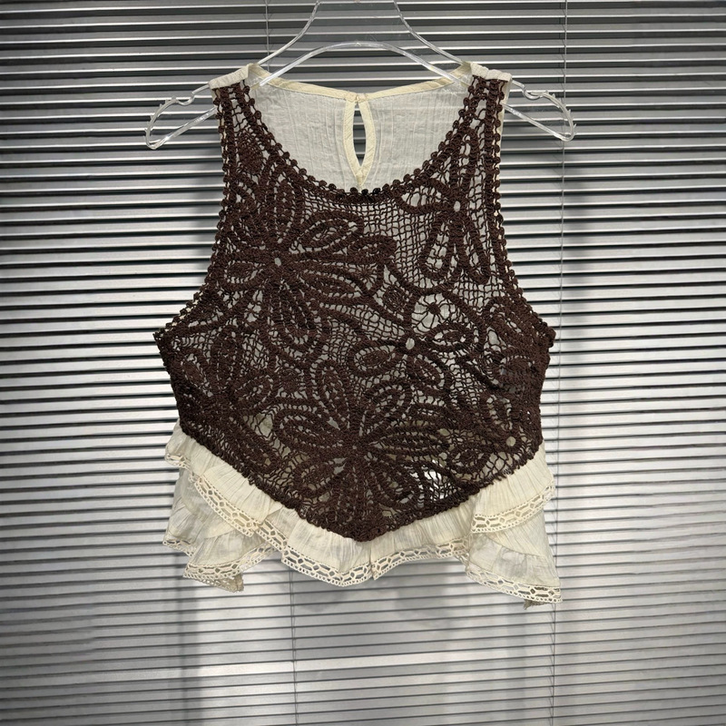 2026 Summer New Women's Clothing Sweet and Spicy Style Round Neck Lace Crochet Patchwork Sleeveless Vest Short Top