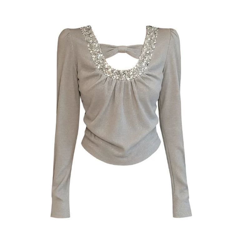 French-style retro sequin patchwork long-sleeve T-shirt for women, new spring/autumn design, slim-fit inner top