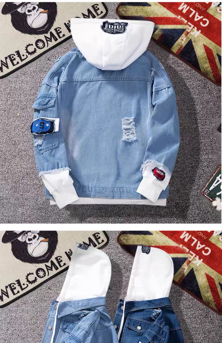 Men's Loose Fit Hooded Denim Jacket Korean Style Workwear Coat False Two-Piece Black Blue Autumn Streetwear with Tags_viptrois.com