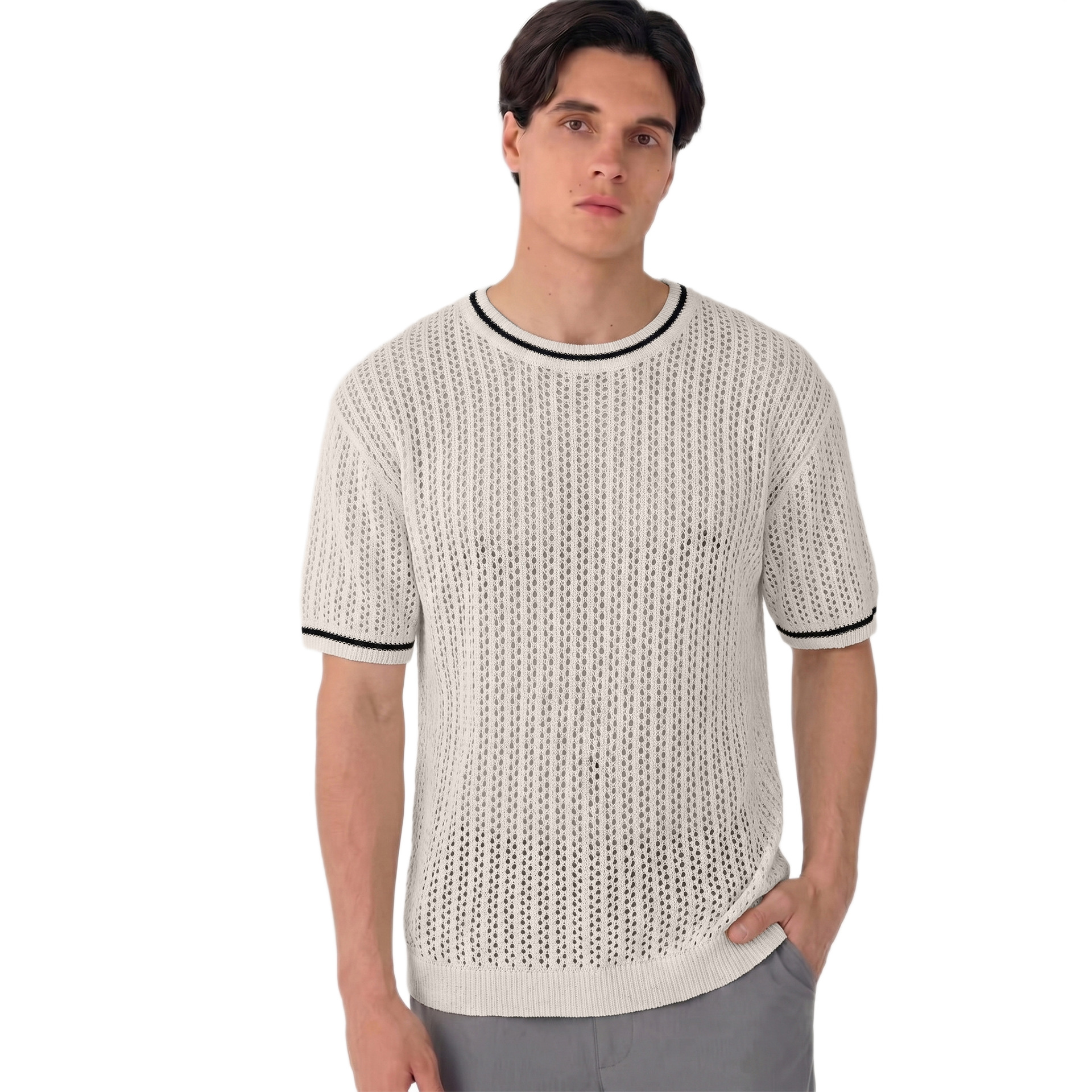 Herren-Sommerpullover mit Lochmuster, Strickmuster, Rundhalsausschnitt, Kurzarm, vielseitiger Stil, atmungsaktives Oberteil_voghion.com