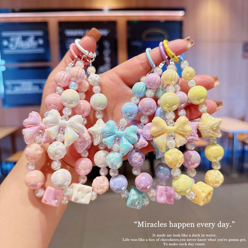 New Electroplated Lace Bow Bead String Mobile Phone Chain Car Keychain Lucky Star Bag Pendant Accessories Wholesale