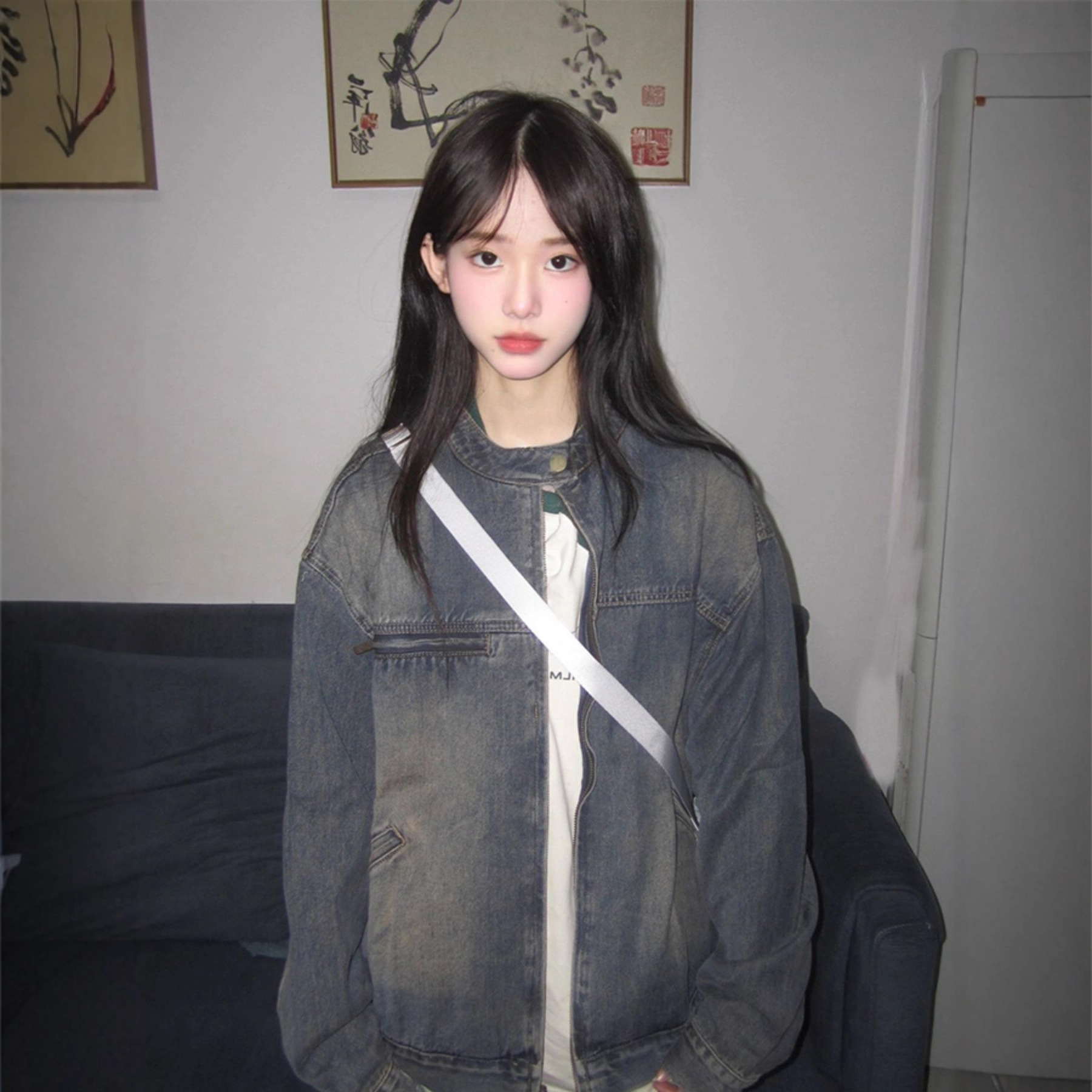 American Retro Washed Distressed Denim Jacket for Women Spring & Fall 2025 New High-End Loose Zipper Jacket Top