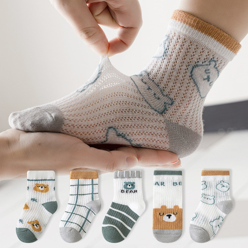 Spring and summer thin mesh glass silk children's socks cute cartoon mid-calf cotton socks boys girls baby socks wholesale