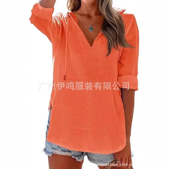 2025 Cross-Border European and American Spring and Summer New Beach Cover-Up Hoodie Sports Long-Sleeve V-Neck Pocket Hooded Shirt for Women