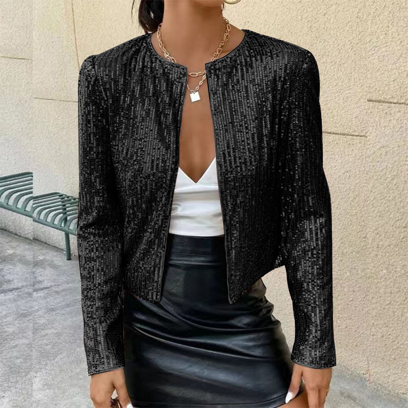 280g Weight Casual Jacket Outerwear Type Long Sleeve Sleeve Length Polyester Fabric Type Regular Top Length Coat Tops Type Holiday, Party Occasion Round Neck Neckline Slim Fit Type Solid Color Pattern Spring, Autumn Season Women's Gender Sequins Design Streetwear Style Women's Streetwear Solid Color Sequins Coat Casual Jacket 3