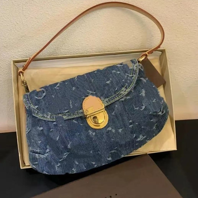 老眼女性バッグ プリーティレイ 中古脇バッグ デニム元宝餃子バッグ ロックショルダーバッグ|undefined