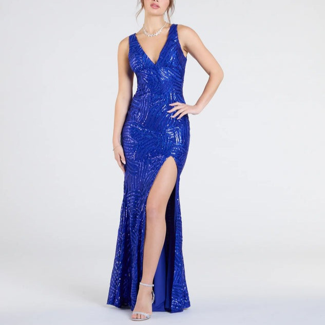 European and American Cross-border Middle East Ladies Ball Dress Long Dress dark blue Sequins Elegant Long Banquet Evening Dress