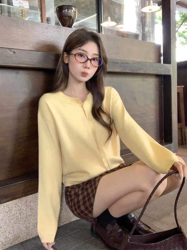 黄色毛针织长袖开衫女装2025早秋氛围感穿搭花边纽扣外套宽松上衣|undefined