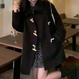 秋冬新款韩版宽松气质牛角扣呢子大衣小个子中长款黑色毛呢外套女