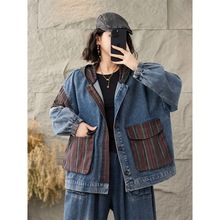 时尚潮流撞色贴布大口袋连帽牛仔外套女大码宽松洋气夹克开衫上衣