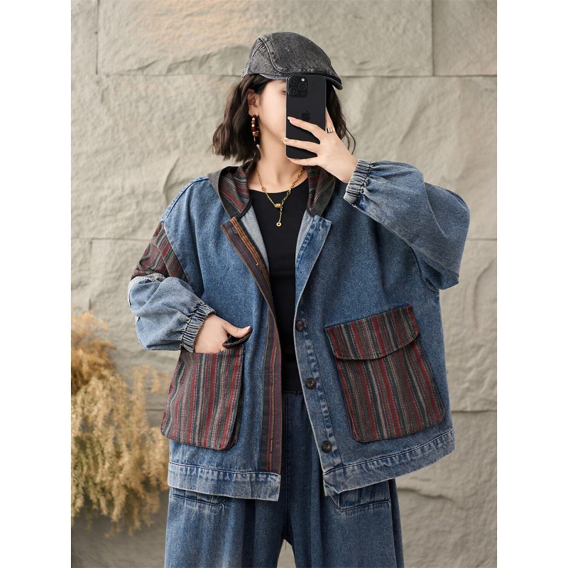 时尚潮流撞色贴布大口袋连帽牛仔外套女大码宽松洋气夹克开衫上衣