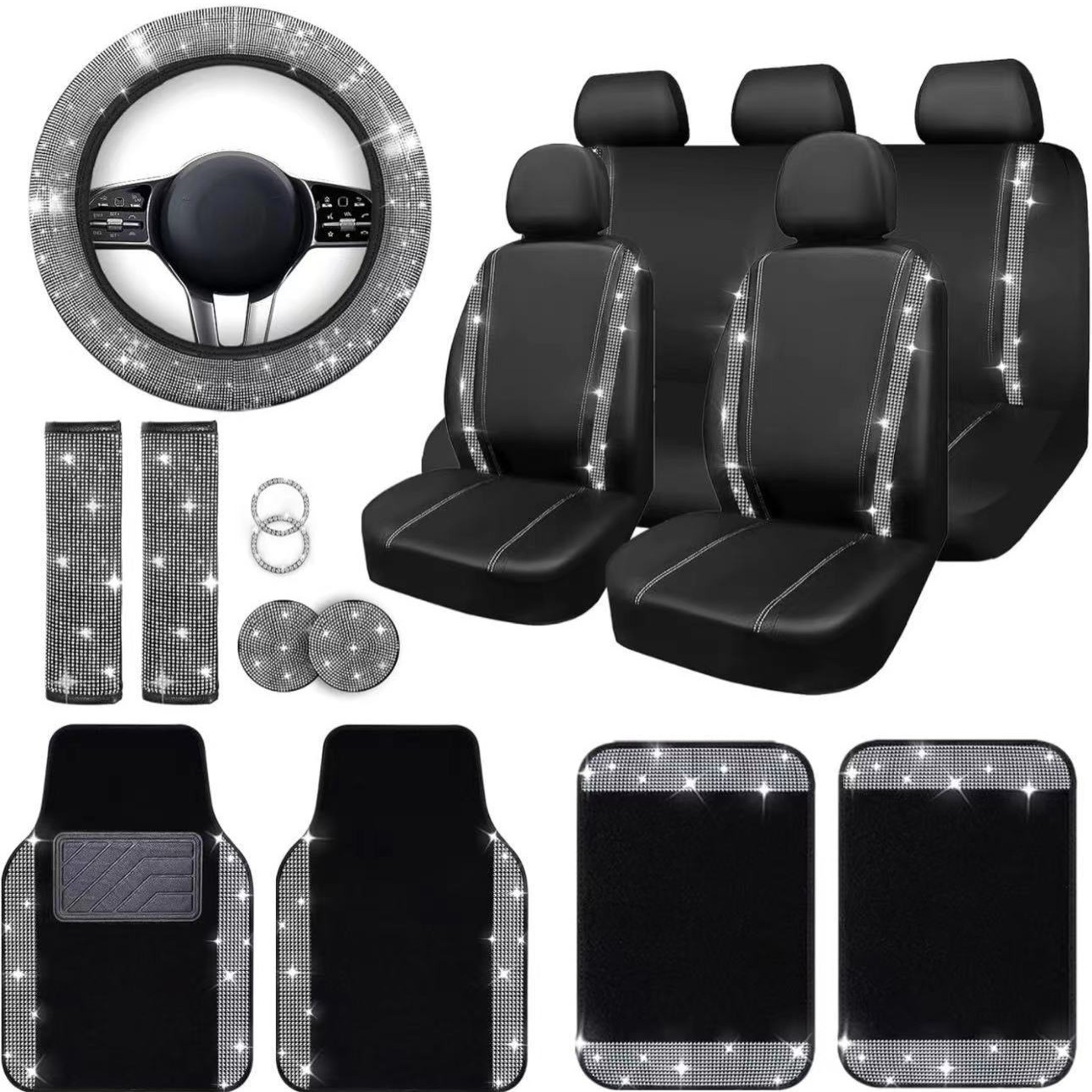 Cubierta de asiento de coche transfronteriza cuero brillante diamante coche almohadilla coche volante cubierta interior accesorios 20 unidades conjunto