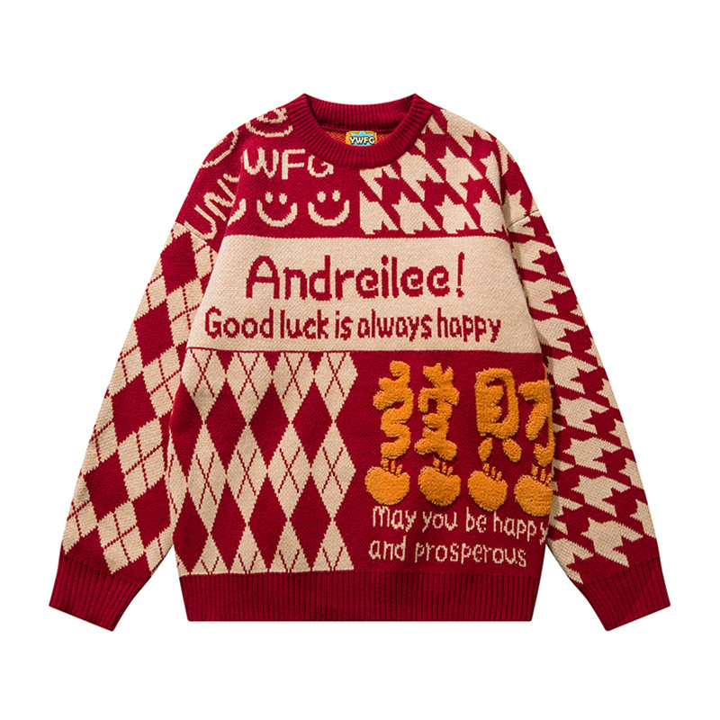 Tide americana hiphop creativo flocado pareja suéter de diseño de otoño y invierno mujeres relajado camiseta de punto rojo viento image 6