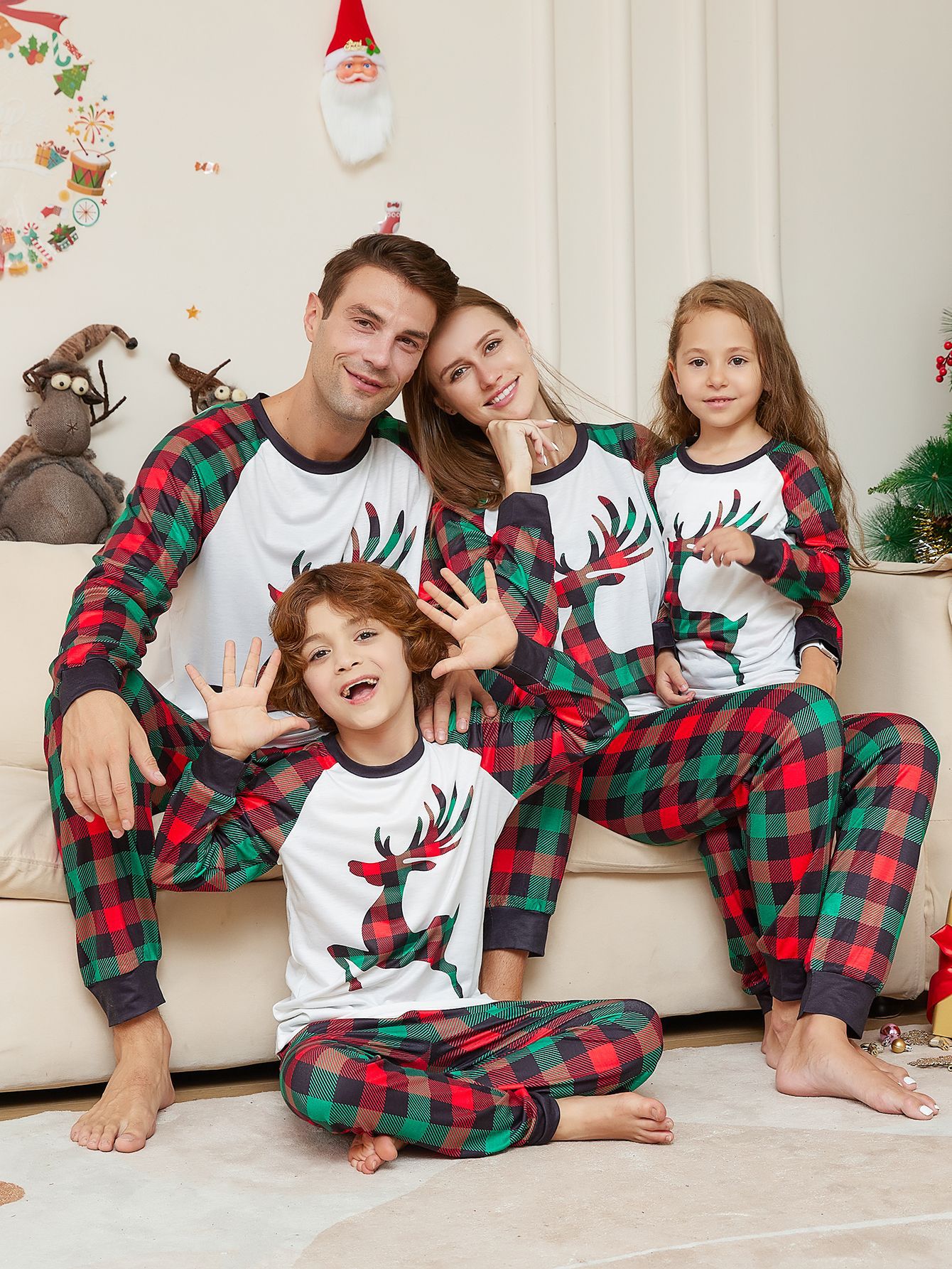 84g Weight Long Sleeve Sleeve Length Family Look Plaid Reindeer Printing Pant Co-ord Set T-shirt Two-Piece Sets