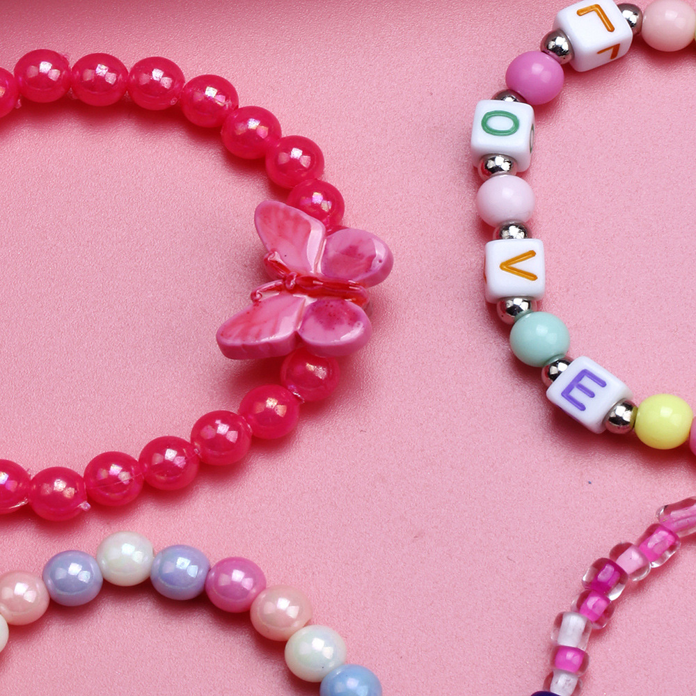 Acrylic Color Beaded Rose Red Butterfly Bracelet Set