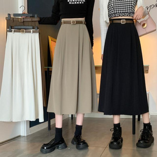 & ⇞ Black Suit Skirt Mid-Length Spring & Fall Pleated A-Line Skirt New Belt High Waist Umbrella Skirt Mid-Length Skirt