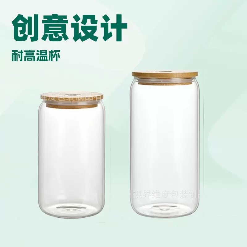 跨境16oz高硼硅玻璃杯可乐杯ins牛奶咖啡竹盖吸管杯果汁饮料水杯