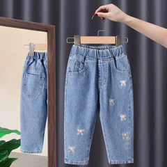 Girls Spring and Autumn Embroidered Stretch Jeans 2024 New Fashionable Baby Girl Korean Style Trousers Loose Daddy Pants